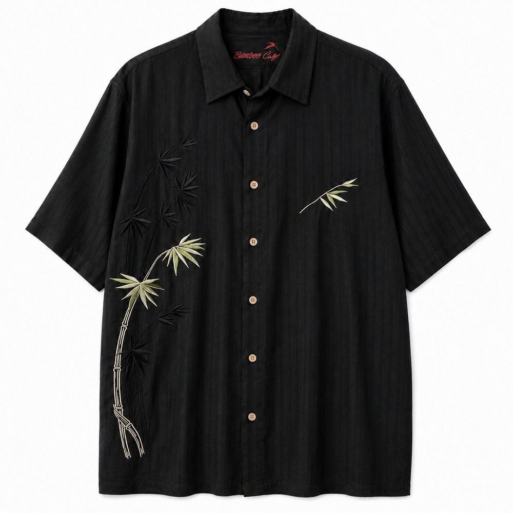 Bamboo Cay Shirt Mens XL Embroidered Palm Tree Black Polynosic Rayon Button Up